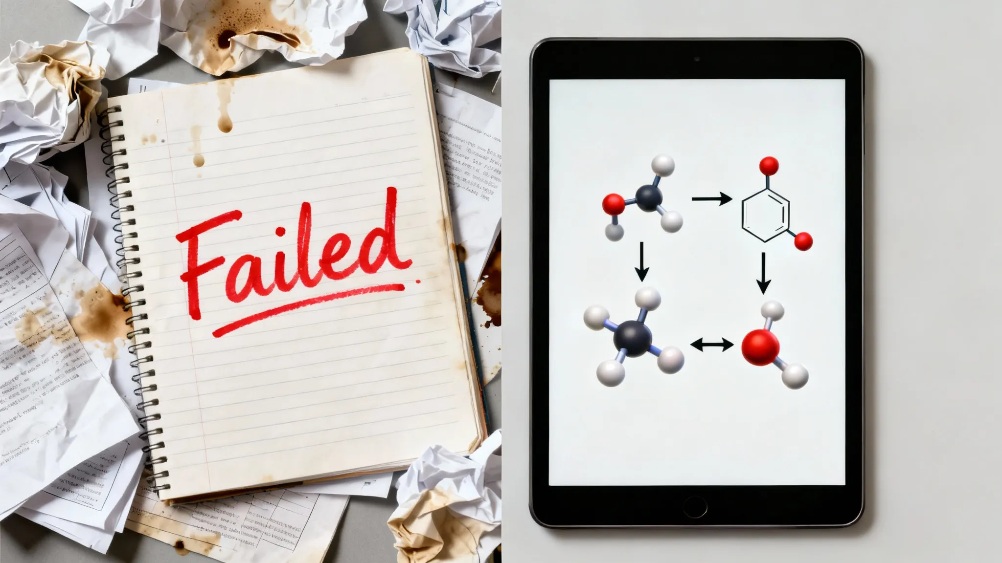 Comparison of failing a test versus using an AI step-by-step guide to understand chemistry.