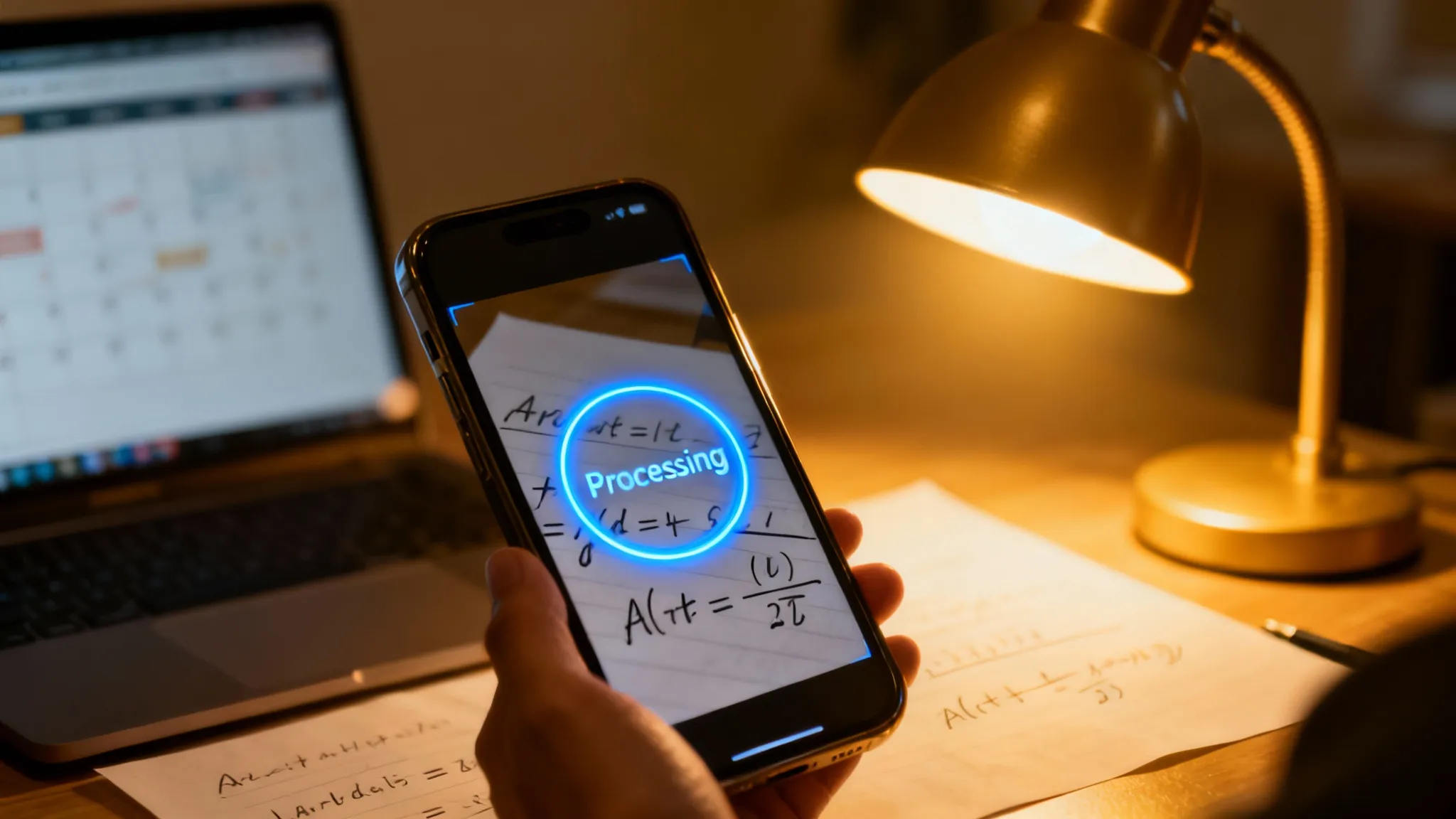 A student desk in 2026 showing a smartphone scanning a math problem next to a discarded paper planner.