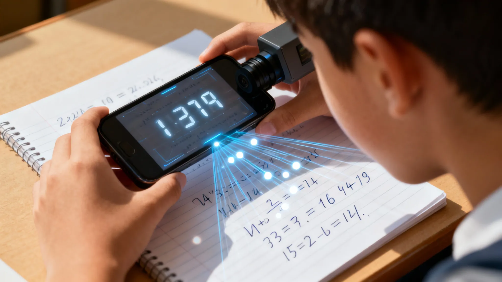 Student scanning math homework with AI solver app.