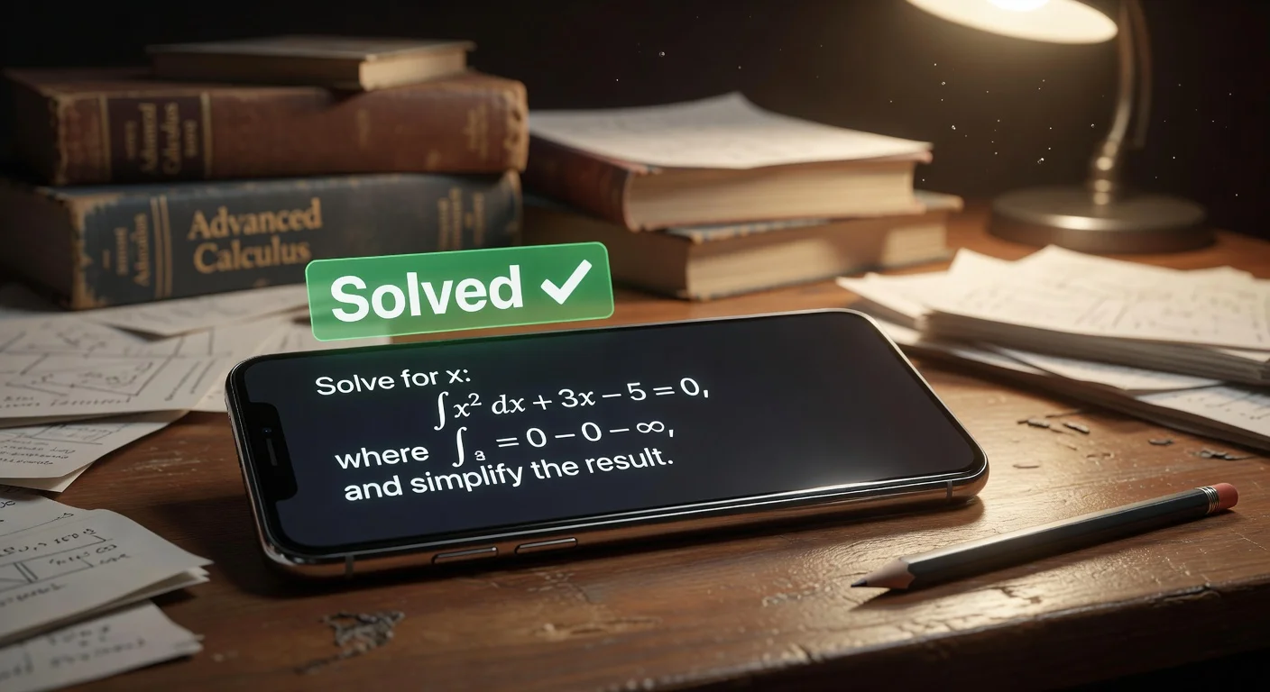 A student using a smartphone to scan a handwritten calculus problem in a library setting.