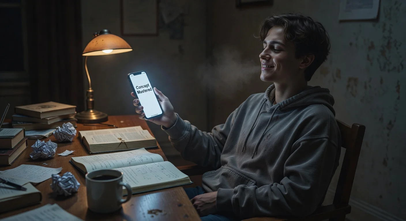 Student using an AI app to master difficult chemistry concepts late at night.