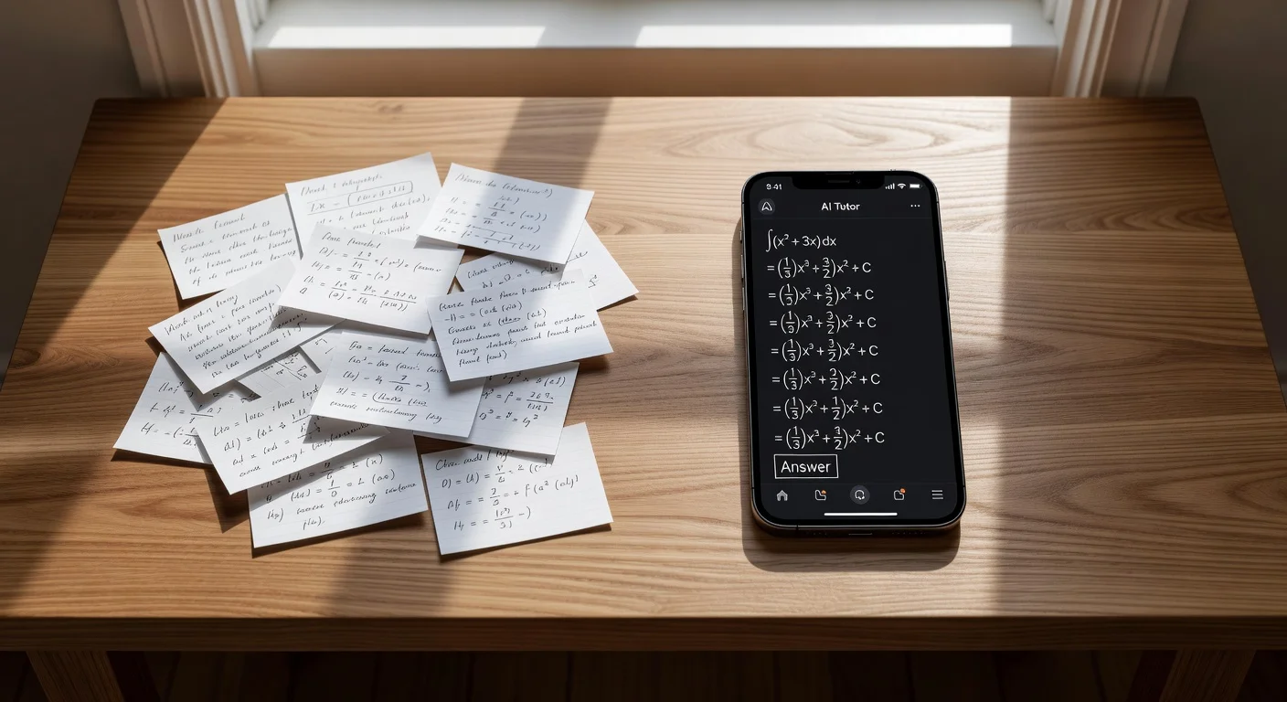 A student scanning textbook notes with a smartphone instead of using physical study flashcards.