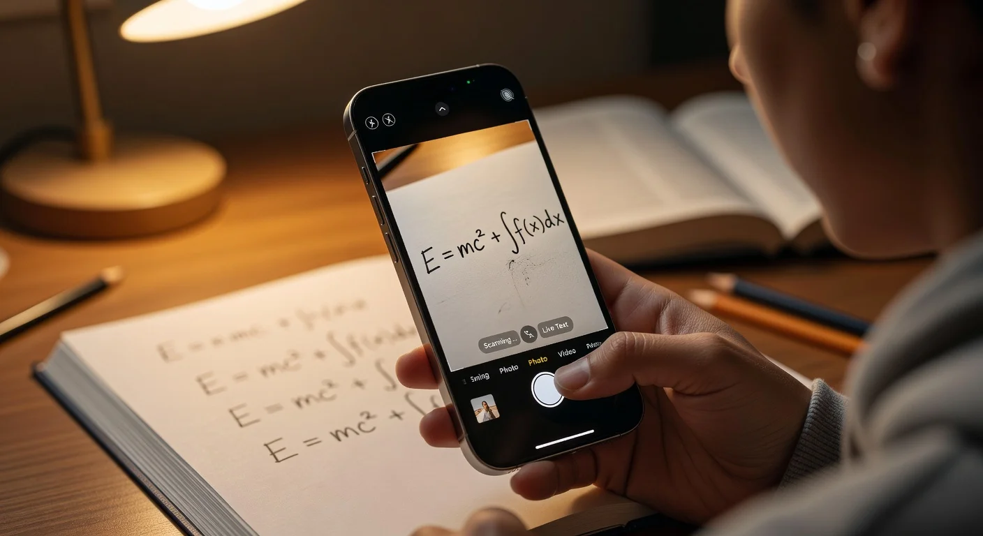 Student using a smartphone to scan a calculus problem on a notebook in a brightly lit library.