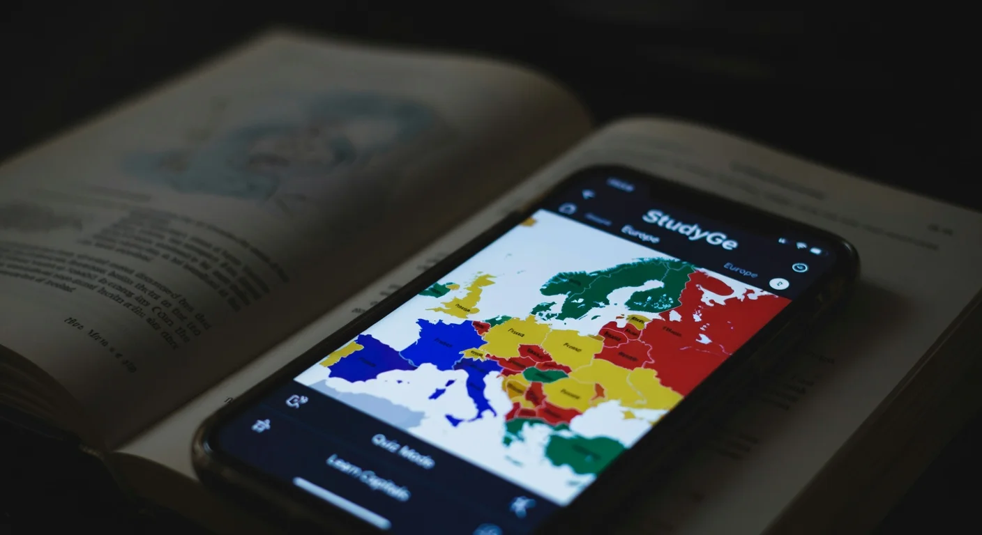 A smartphone displaying the StudyGe world map quiz interface with a digital globe background