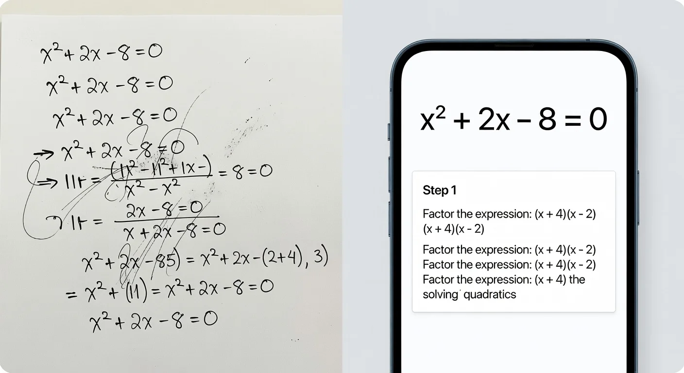 Comparison of handwritten math problem vs AI app digital solution.