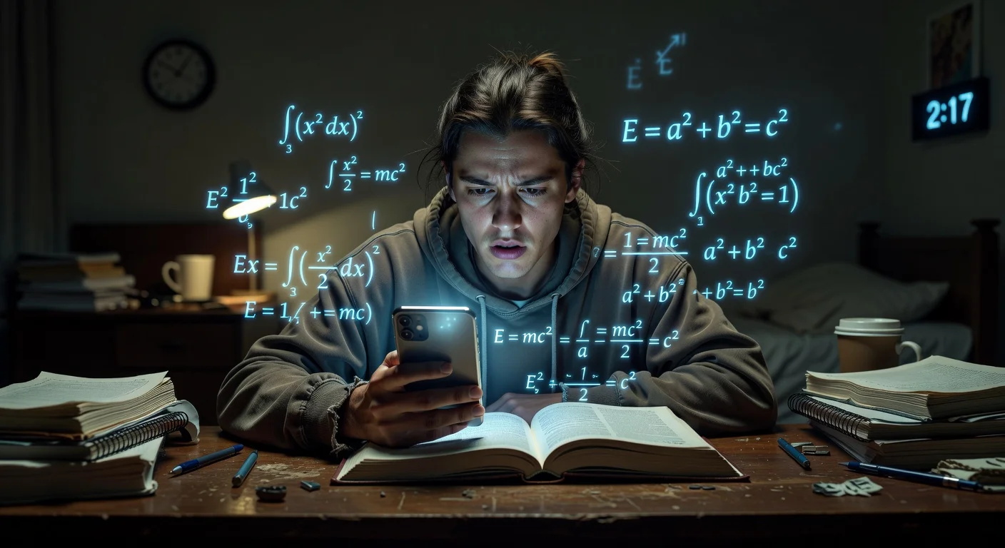 Student using a homework helper app for late-night study.