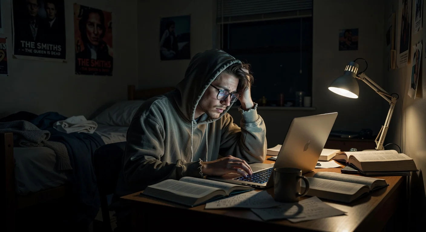A college student studying late at night looking for homework answers.