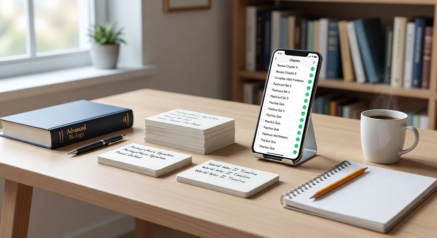 A student desk prepared for exam review using a smartphone app.