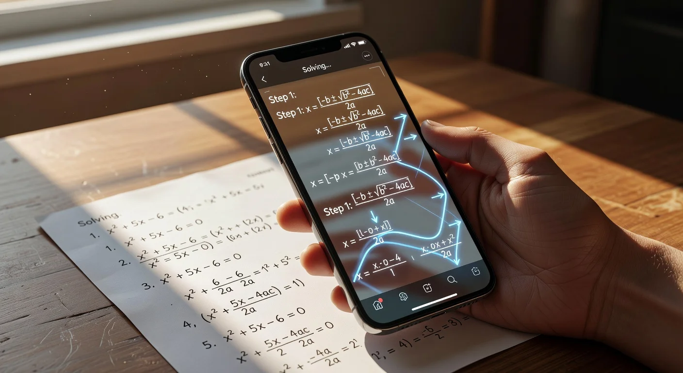 A student using a smartphone to take a picture of a complex math worksheet on a bright wooden desk.